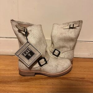 Frye Veronica Distressed White Leather Buckle Boots NWT